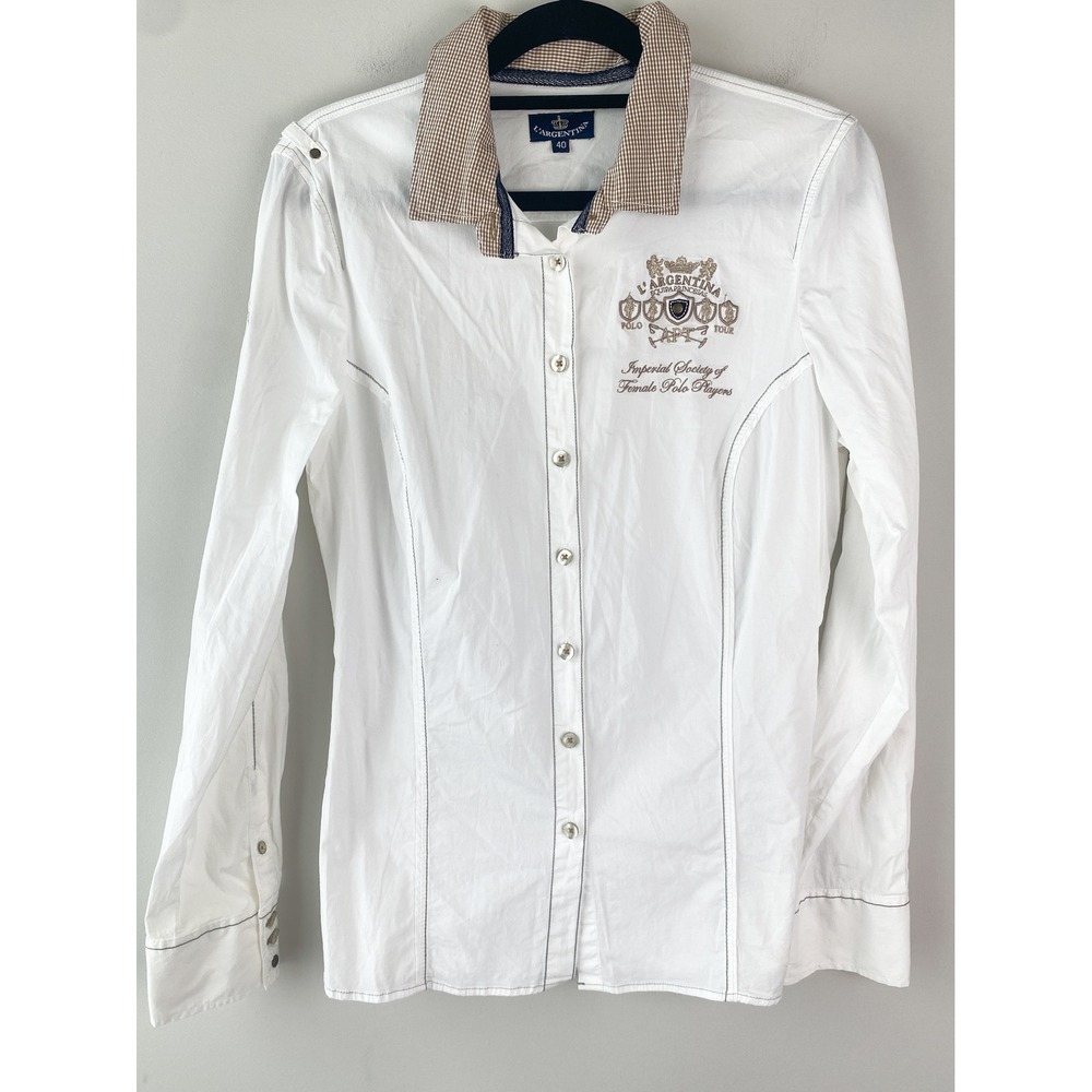 L'Argentina Women Button Up Shirt 40 White Polo Team Equestrian Old Money Preppy